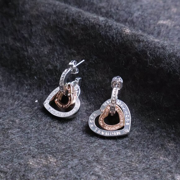 Michael Kors Interlocking Silver Rose Gold Heart Earrings - Picture 1 of 2